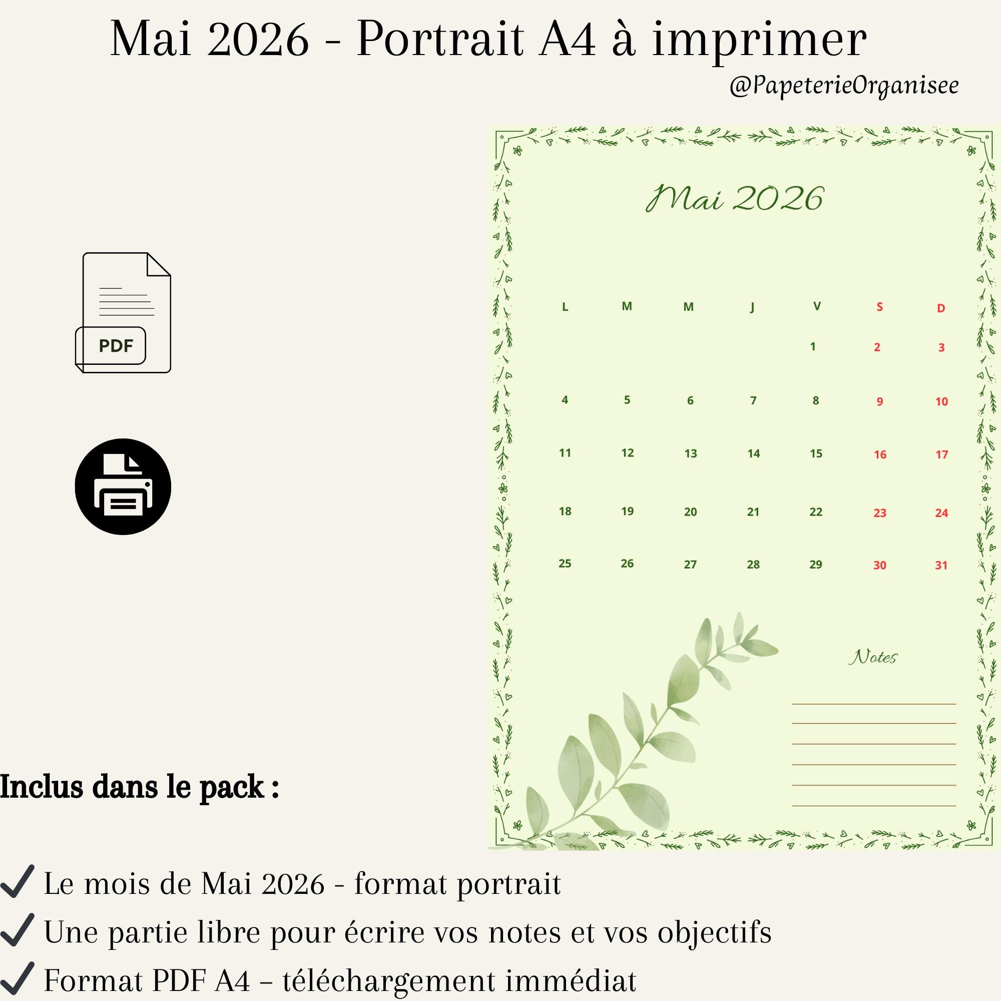 Calendario imprimible de mayo de 2026 – Calendario mensual vertical A4 ...