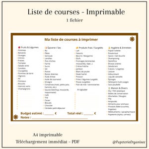 Liste de courses A4 imprimable – Check-list à cocher | PDF à télécharger – Organisation cuisine – Liste courses familiale | Caramel