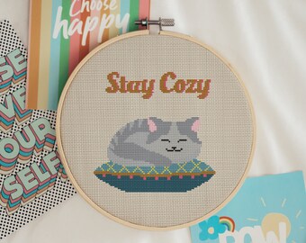 Stay Cozy - cat on a pillow modern cute cross stitch pattern