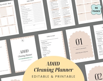 ADHD cleaning planner bundle - Printable PDF and editable in Canva. Home cleaning schedule: weekly, monthly and yearly declutter charts.