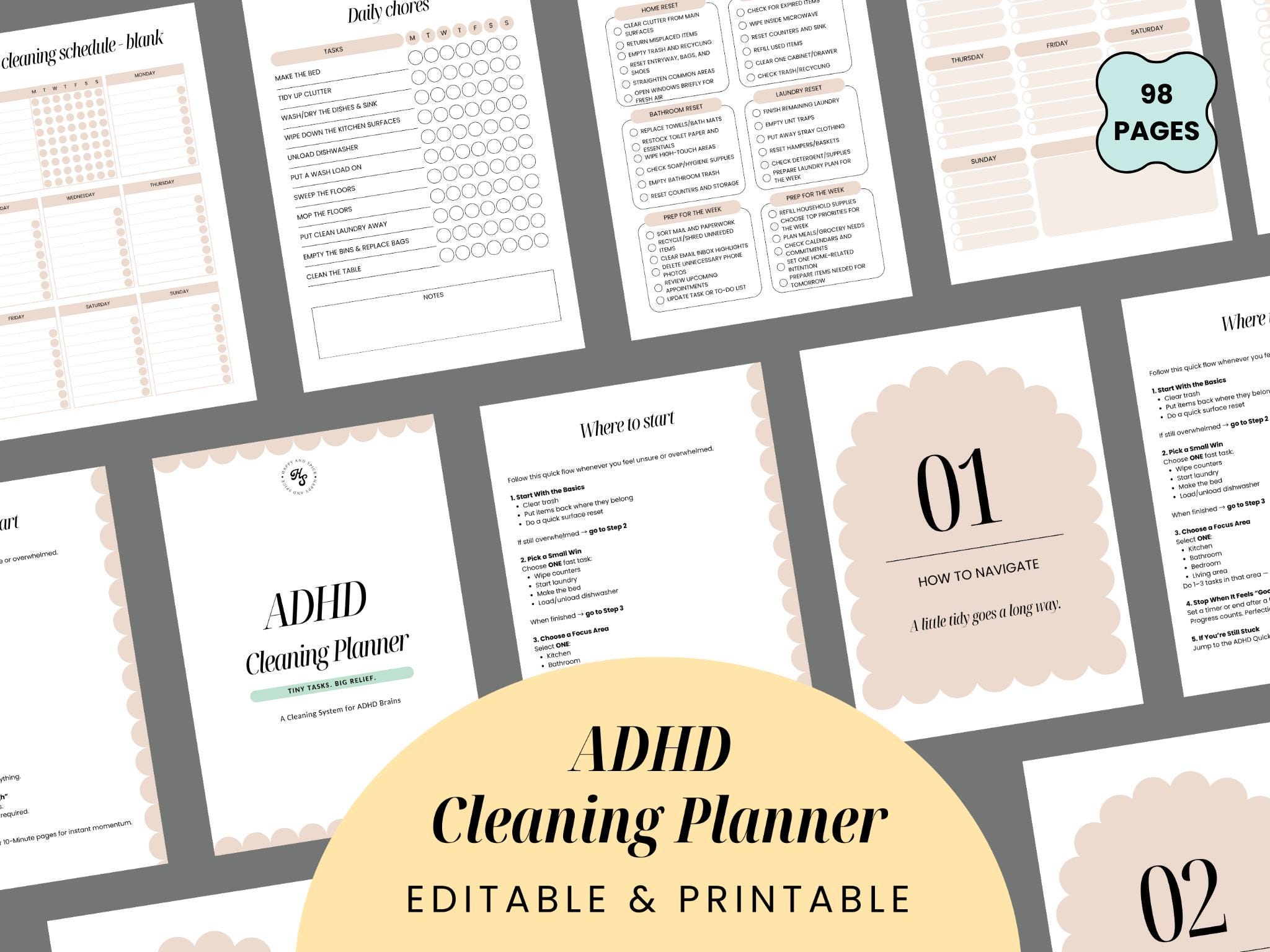 ADHD Cleaning Planner Bundle - Printable PDF and Editable in Canva