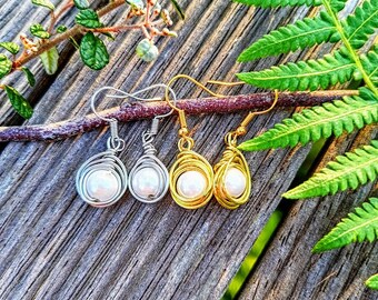 Handmade pearl wire wrapped droplet earrings
