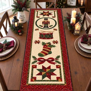 Christmas Nutcracker Quilted Table Runner, Burgundy Red Green and Cream Toy Soldier Drum and Stocking with Patchwork, Holiday Dining Decor