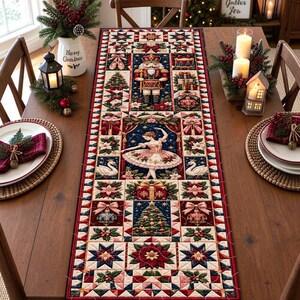 May include: A rectangular quilted table runner featuring a festive Christmas theme with a central nutcracker and ballerina illustration, surrounded by poinsettias, stars, swans, and holiday ornaments in a red, blue, and cream color palette.