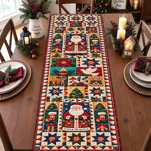 May include: A rectangular quilted table runner featuring a patchwork design with Christmas motifs including Santa Claus, poinsettias, white doves, reindeer, candy canes, and stars in a vibrant color palette of red, green, blue, and yellow.