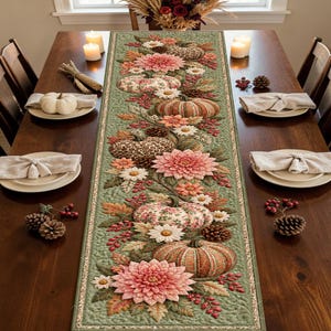 Sage Floral Pumpkin Quilted-Style Table Runner, Pink Dahlia Leopard Print Harvest Decor, Cottage Farmhouse Fall Dining Table Centerpiece