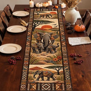 African Elephant Family Quilted-Style Table Runner, Brown Orange Safari Landscape, Wildlife Autumn Dining Room Rustic Farmhouse Home Decor