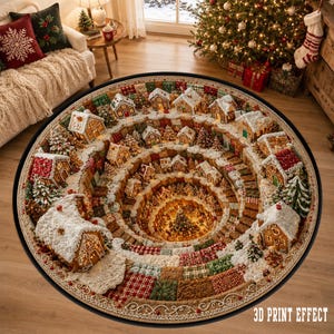 May include: A round area rug featuring a 3D print effect of a spiraling gingerbread village. The design displays multiple gingerbread houses with white icing roofs, evergreen trees, and a central Christmas tree, all set against a checkered background.