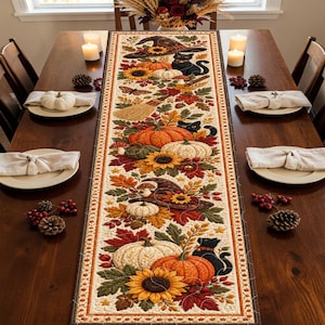 May include: A rectangular table runner featuring a repeating autumn pattern of orange pumpkins, yellow sunflowers, black cats, and witch hats on a cream background. The runner is centred on a dark wood table with white plates and napkins.