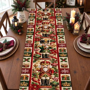 Nutcracker Christmas Quilted Table Runner, Red Green Gold Toy Soldiers and Drums, Vintage Holiday Patchwork Dining Table Decor for Winter