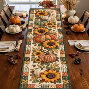 Sunflower Pumpkin Patchwork Quilted-Style Table Runner, Orange Green Gingham Harvest, Rustic Autumn Thanksgiving Farmhouse Kitchen Decor