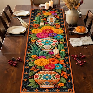 Mexican Pottery Quilted-Style Table Runner, Black Orange Turquoise Cactus Marigold Decor, Colorful Autumn Farmhouse Dining Table Accent