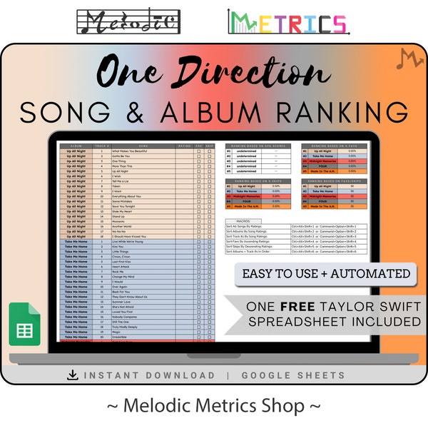ONE DIRECTION Song & Album Ranking Automated Spreadsheet [Standard] | Google Sheets Compatible | Instant Download