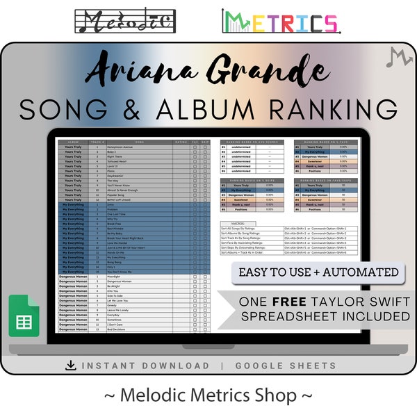 ARIANA GRANDE Song & Album Ranking Automated Spreadsheet [Standard] | Google Sheets Compatible | Instant Download