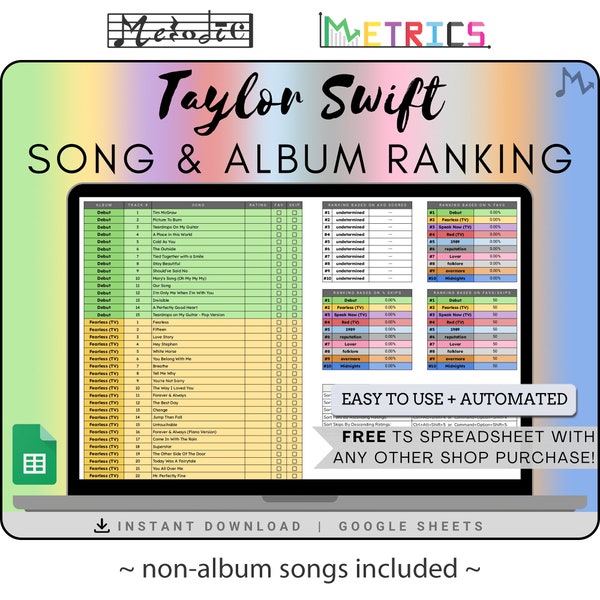 Foglio di calcolo automatizzato per la classificazione dei brani e degli album TAYLOR SWIFT [STANDARD] / Compatibile con Fogli Google / Download istantaneo / Brani non inclusi negli album