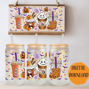 Calabaza de Halloween Latte Diseños digitales de dibujos animados Png 16 oz y 20 oz Libbey Glass Can Tumbler Sublimation Wraps