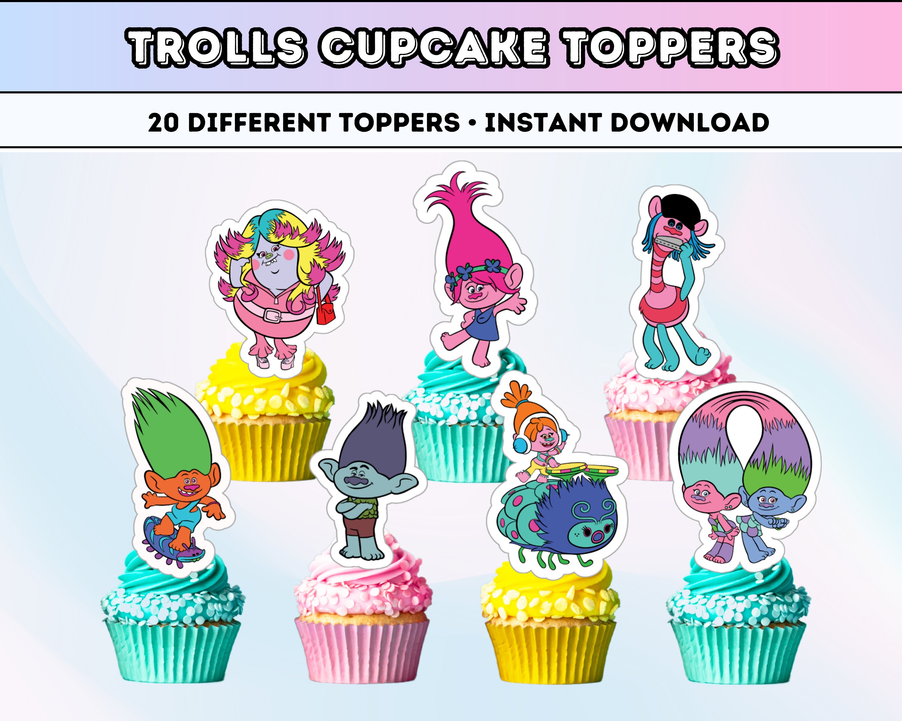 Trolls Cupcake Toppers Printable Cake Topper Trolls Cupcakes Etsy
