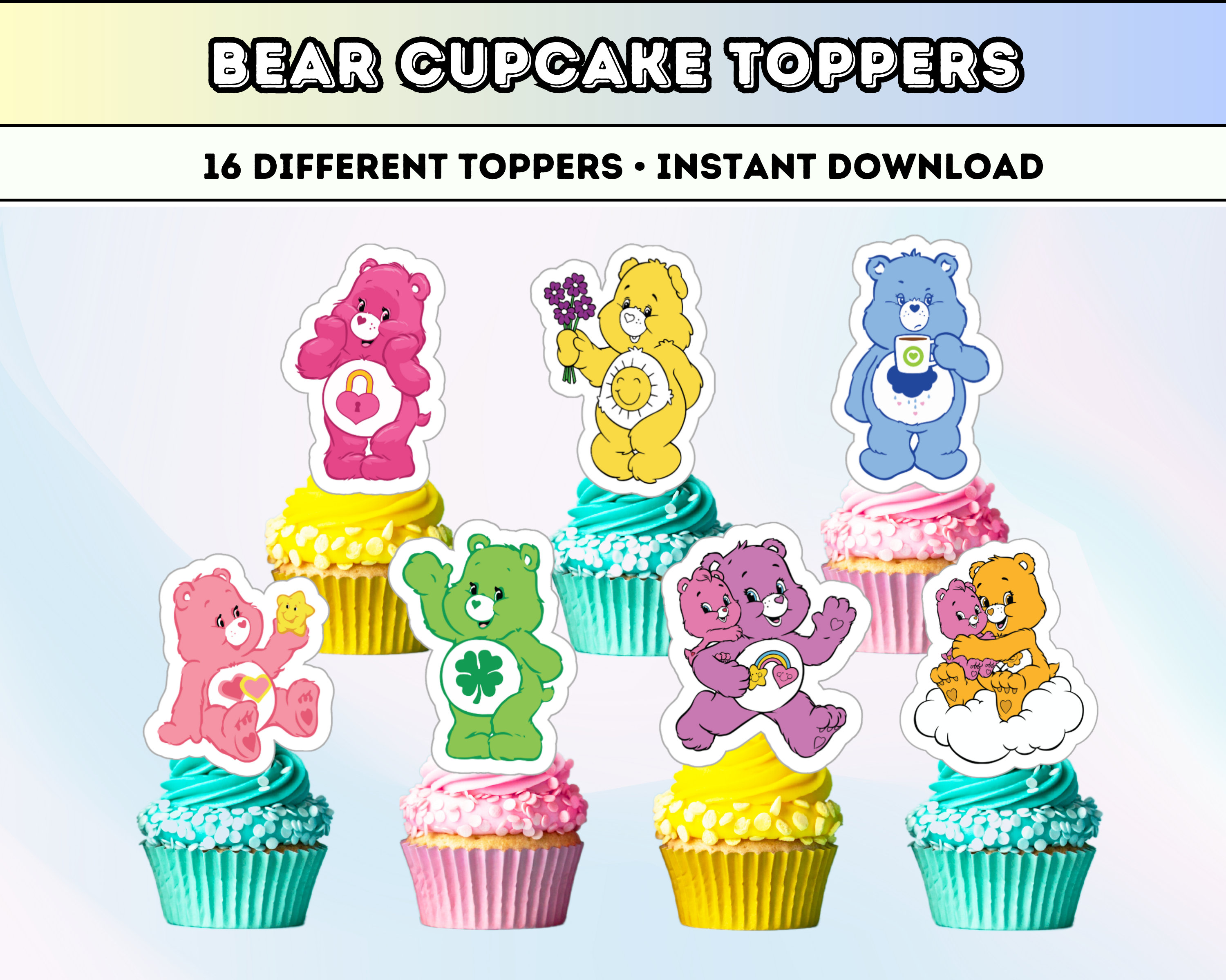 Personalised Care Bears Birthday Party Decorations Tagged Cup Stickers -  Katie J Design and Events