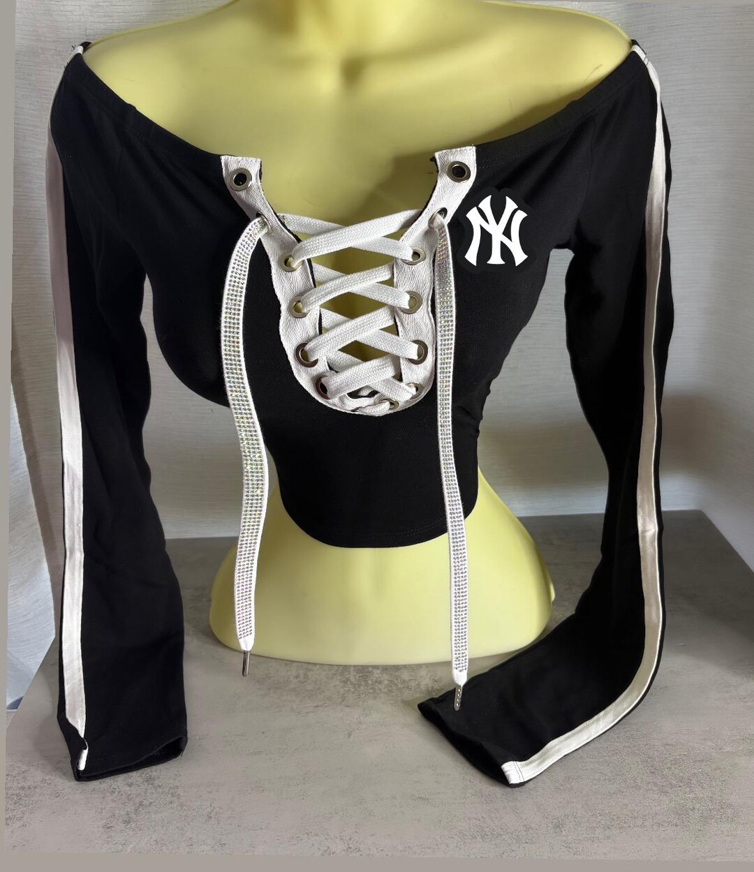 Yankees off the Shoulder Ringer Crop Top With Rhinestone Lace - Etsy