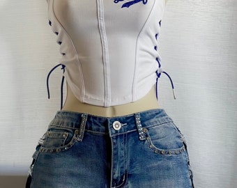 Dodgers Corset Top with side cuts and rhinestone laces
