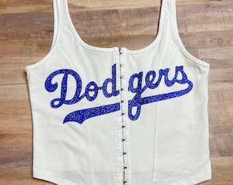 Dodgers Corset Top - White with royal blue glitter vinyl