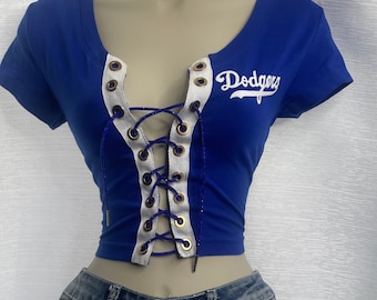 Dodgers Crop Top with blue rhinestone lace