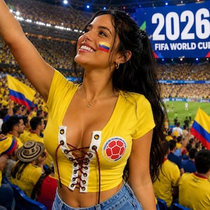 May include: A yellow short-sleeved crop top featuring a lace-up front with dark red cords and a circular emblem of the Colombian Football Federation on the chest. The shirt is worn in a stadium setting with a large screen displaying 2026 FIFA World Cup.