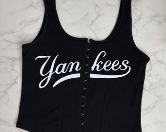 NY Yankees Corset Top-Black with white glitter vinyl