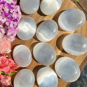 Selenite Palm Stone | 2.5&quot; Crystal | Shape Oval (Smooth Polished Selenite Stone | Palm Stone | Worry Stone | Pocket Stone