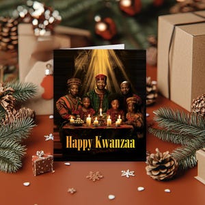 Tarjeta de feliz Navidad de Kwanzaa, tarjeta de felicitación navideña familiar, tarjeta festiva, tarjeta navideña única, saludos de temporada