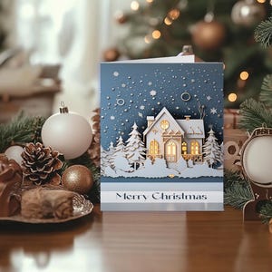 Tarjeta de felicitación navideña con casa nevada, tarjeta con árbol de Navidad en un país de las maravillas invernal, tarjeta rústica con árbol de Navidad nevado, saludo festivo navideño nevado
