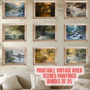 Printable Vintage Gallery Set, Gallery Wall Set, 25 Pack Antique River Scenes Oil Paintings, Digital Download