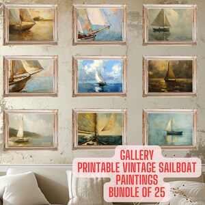 Printable Vintage Gallery Set, Vintage Sailboat Gallery Wall Set, 25 Pack Antique Oil Paintings, Digital Download
