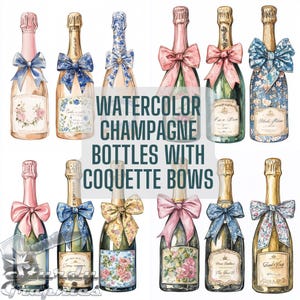 Watercolor Champagne Bottles with Coquette Bows | Social Club Watercolor Design | Preppy Design | Sublimation Design | Grandmillennial PNG