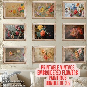Printable Vintage Gallery Set, Gallery Wall Set, 25 Pack Embroidered Flowers Oil Paintings, Digital Download