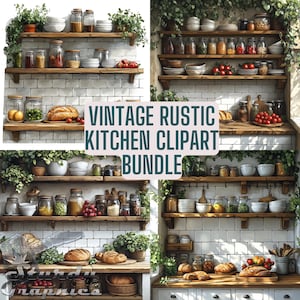 Vintage Rustic Kitchen Clipart Bundle, Kitchen Plant Shelves Pantries, Watercolor PNG Instant Download, Junk Journal Scrapbooking PNGs