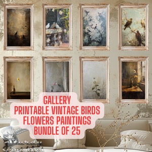 Printable Vintage Gallery Set, Gallery Wall Set, 25 Pack Vintage Birds And Flowers Oil Paintings, Digital Download