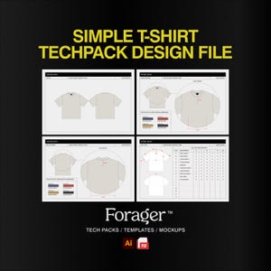 Puede incluir: Un archivo de diseño de tech pack para una camiseta simple. El archivo incluye una vista frontal y posterior de la camiseta, así como una tabla de tallas y una paleta de colores.