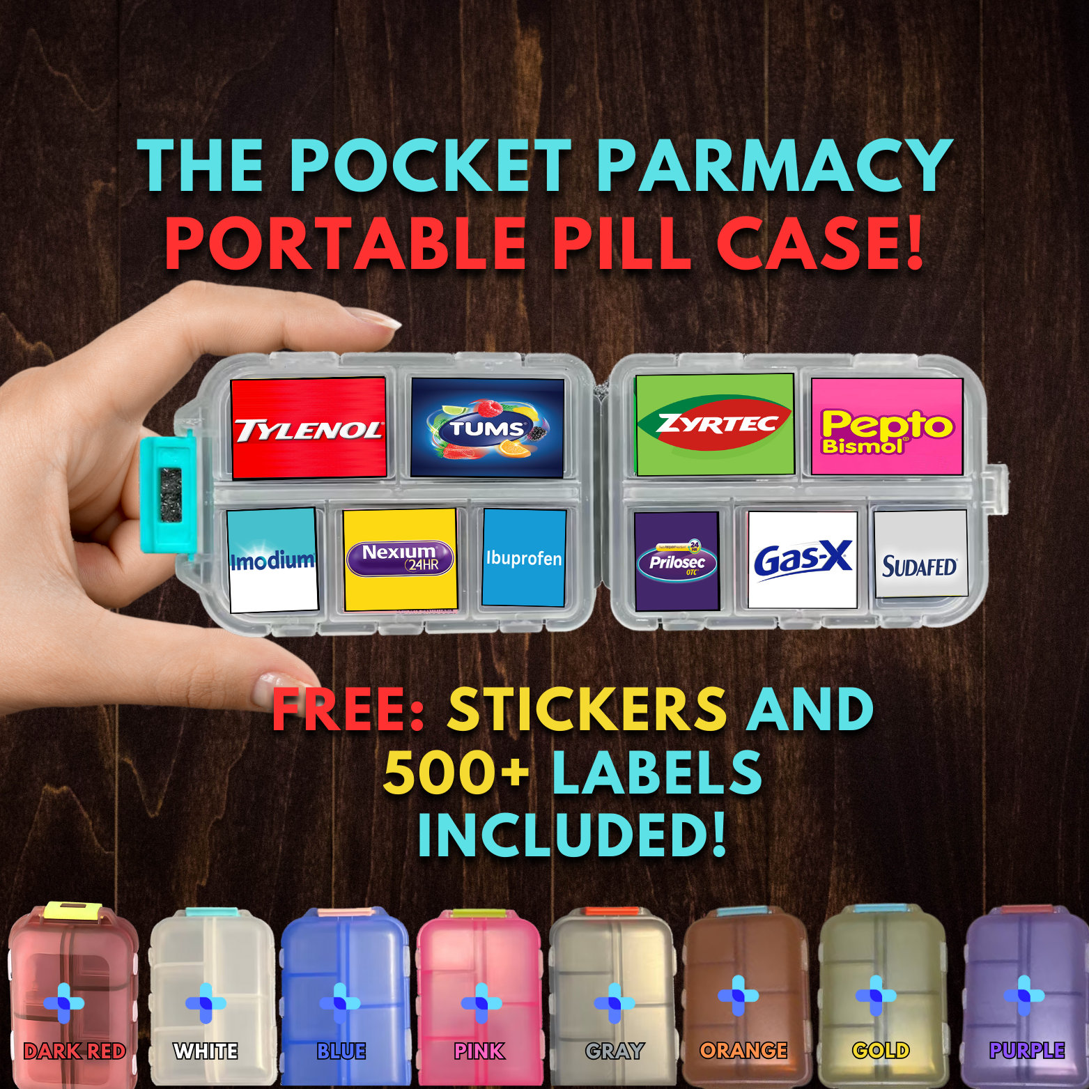 1 Pack Travel Handy Pill Organizer/Holder Box w Labels & 1 Drawstring  Pouch, Small 10 Compartments Pocket Pharmacy Portable Medicine Container  Case 