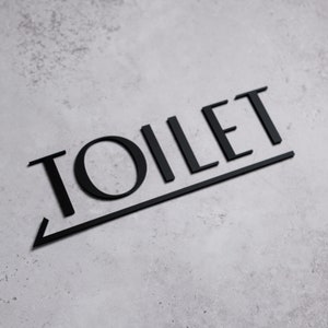 Könnte beinhalten: Schwarz-weißes Schild mit dem Wort "TOILET" in fetten Buchstaben mit einem schwarzen Strich darunter.