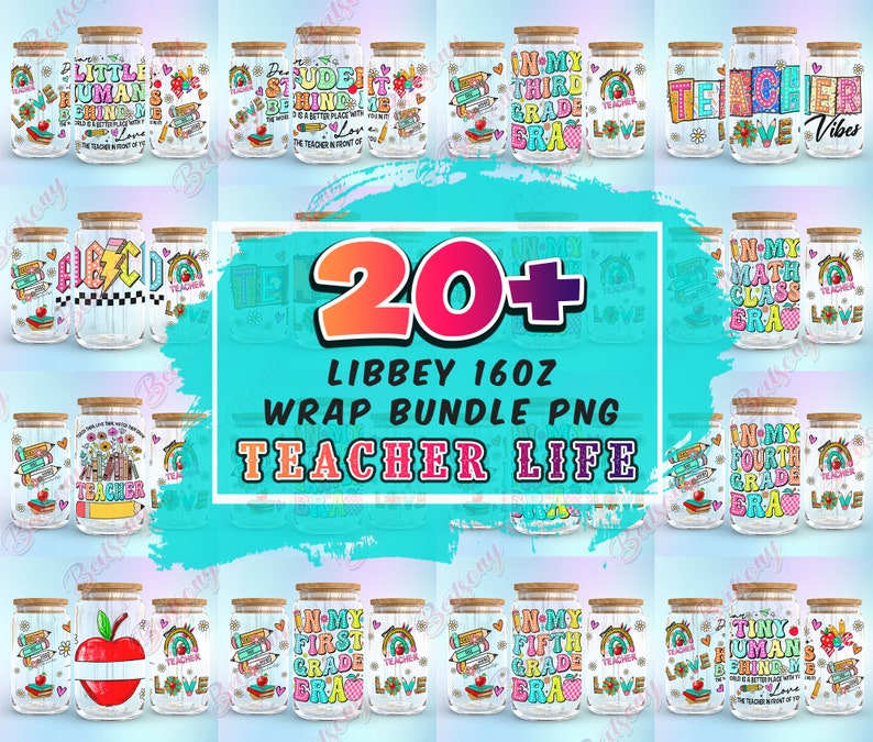 20 Files Teacher Life 16oz Glass Can PNG Bundle, Back to School 16oz ...