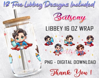 Baby Super Hero 16oz Libbey Glass Can Wrap PNG Sublimation, Super Hero Characters Libbey PNG, Glass Cup, Digital Instant Download