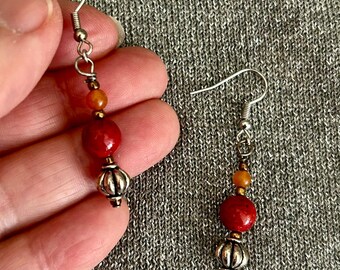 1.25" Accra Earring With Mixed Beads Stone Beads Glass Beads with Lobster Claw Clasp Strung on 7 Strand Wire Handmade Red and Orange Tones