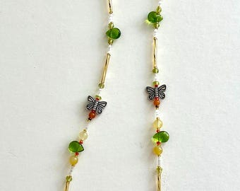 14" Peridot Yellow and Orange Single Strand Necklace with Mixed Beads Glass Metal Long Bugle Lobster Claw Clasp on 7 Strand Metal Wire Leaf