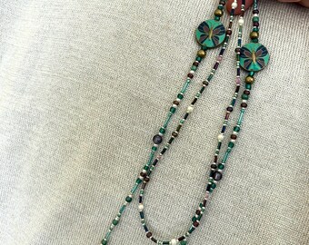 13.5" Turquoise Teal Purple Hand Beaded Necklace Strung on 7 Strand Wire with Glass Beads, Faux Pearls Metal Cloisonné with Lobster Clasp