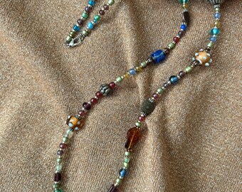 14" Dark Blue Reddish Brown Single Strand Necklace with Mixed Beads Glass Metal Czech Lamp Work Lobster Claw Clasp on 7 Strand Metal Wire