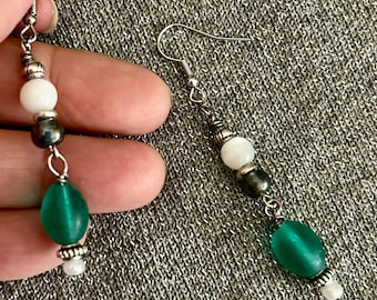2" Amsterdam Earring Mixed Beads Glass Beads Pearlescent Beads Metal Beads Handmade Earrings Jewelry Made with Love Aqua and White Colors