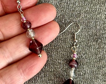 1.5" Naples Earring Glass Beads Czech Beads Strung on 7 Strand Wire with Lobster Clasp Purple Tones Handmade Jewelry Handmade with Love