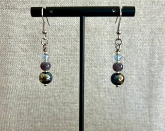 1" Osaka Earring With Mixed Beads Pearlescent and Silver Plated Beads and Black Tones Strung on 7 Strand Wire with Lobster Claw Clasp