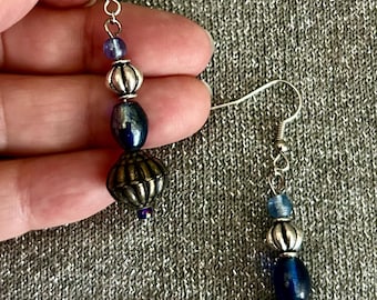 1.5" Paris Earring Mixed Beads Dangle Metal Beads Glass Beads Czech Beads Dark Blue and Old Silver Color Tones Handmade Earrings Jewelry